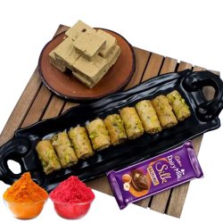 Delectable Kaju Bite with Baklawa and Cadbury Silk Chocolate Bar for Holi