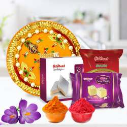 Decorative Puja Thali with Haldiram Sweets Snacks n Gulal