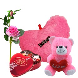 Wonderful Combo of Lindt Lindor N Heart Shape Cushion with Rose Stick N Teddy to Lakshadweep