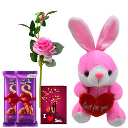 Adorable Soft Bunny N Cadbury Silk with Rose Stick N Love You Card to Chittaurgarh
