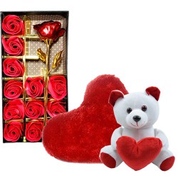 Attractive Pair of Teddy with Red Roses N Heart Shape Cushion to Hariyana