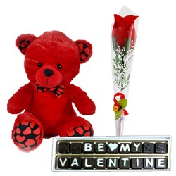 Special Pair of Red Teddy with Red Rose Stick N Handmade Chocolate