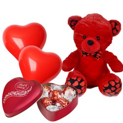 Remarkable Pair of Red Teddy with Lindt Lindor N Red Heart Shape Balloons