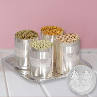 Dry Fruits in Silver Glass and Tray with Free Silver Plated Laxmi Ganesh Coin to Alwaye