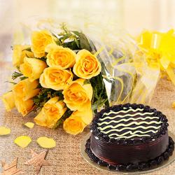 Gift of 1 lb Chocolate Cake n 12 Yellow Rose Bouquet