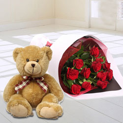 Teddy Bear with Red Rose Bouquet