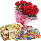 Impressive Combo of 16 Pcs Ferrero Rocher Chocolates, 10 Pcs Red Rose Bunch and Crackers