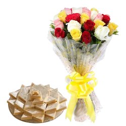 Marvellous 24 Pcs. various Roses with delicious Kaju Barfi gift pack