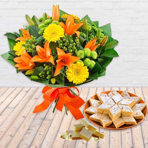 Pretty Seasonal Flower bouquet with yummy Kaju Bar... to Sivaganga