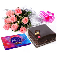 Classic Gift of Pink Roses Bouquet with Flavored Cake and Cadbury Celebration