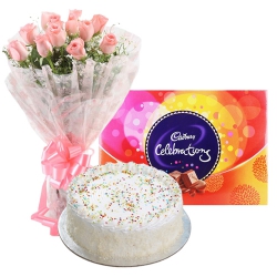 Bountiful Celebration Chocolate Gift and Cake with Pink Rose Bouquet
