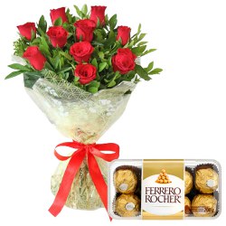 Charming Red Roses Bouquet and Ferrero Rocher Chocolates