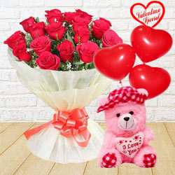 Gift Combo of Red Rose Bouquet with Teddy  N  Balloons