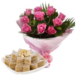 Exotic Pink Roses Bunch with Kaju Katli