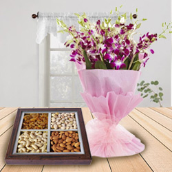 Stunning Orchids Bouquet N Dry Fruits Tray  to Irinjalakuda