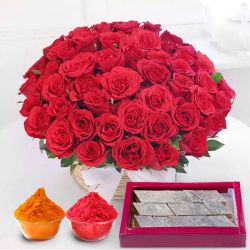 Astonishing 50 Red Roses along with delicious Kaju Barfi