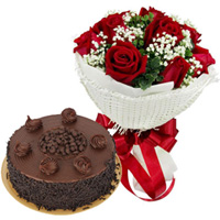 Combo of Red Rose Bouquet N Chocolate Cake to India