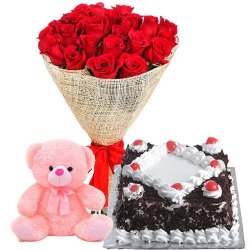 B Day Cheer with Red Rose Bouquet Black Forest Cake and Small Teddy