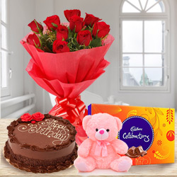 Party Time Birth Day Chocolate Cake with Red Rose Bouquet Teddy and Cadbury Celebration