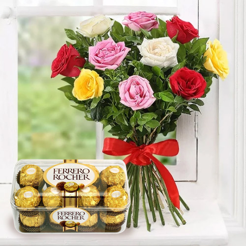 Wonderful Mixed Roses Bunch and Ferrero Rocher Cho... to Sivaganga