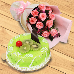 Elegant Red Roses Bouquet with Kiwi Cake