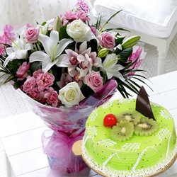 Tasty Kiwi Cake with Mixed Flowers Bouquet