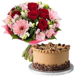 Special Combo of Mixed Flowers Bouquet with Coffee Cake