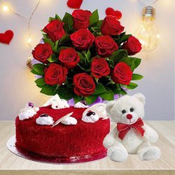 Classic Gift of Red Roses Bouquet with Red Velvet Cake N Teddy