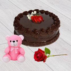 Yummy Chocolate Cake with Teddy N Red Rose to Alwaye