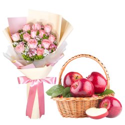 Delicious Fresh Apples Basket with Pink Roses Bouquet