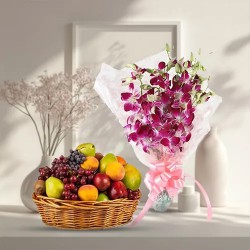 Carefully Selected Fresh Fruits Basket with Aromatic Orchids Bunch