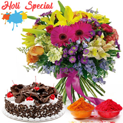 Majestic multi colored Seasonal Flowers along with tasty Black Forest Cake