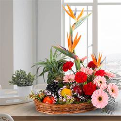 Tasty Fresh Fruits Basket with Mixed Flowers