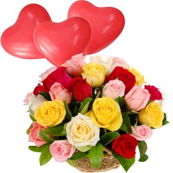 Spectacular Red Heart Shaped Balloons with Colorful Roses to Alwaye