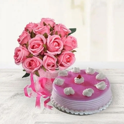 Amazing Strawberry Cake with Pink Roses Bouquet to Rajamundri