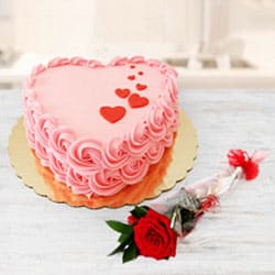 Tasty Heart Shaped Strawberry Cake n Red Rose