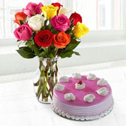 Tasty Strawberry Cake with Assorted Roses in a Vase for Mom  to Nagercoil