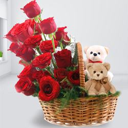 Admirable Basket Full of Red Roses with Twin Teddy