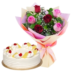 Special Gift of Pineapple Cake with Red N Pink Rose Posy