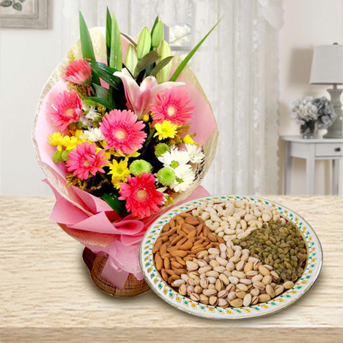 Glorious Seasonal Flowers along with tasty Dry Fru... to Nipani
