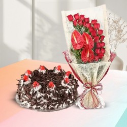 Captivating Red Roses n Anthodium Bouquet with Black Forest Cake to Ambattur