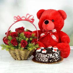 Beautiful Red Roses Basket n Black Forest Cake with Teddy