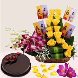 Radiant Mixed Flowers n Personalized Photo Basket with Truffle Cake to Palani