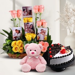 Romantic Mixed Roses N Personalized Photo Basket with Love Cake n Cute Teddy