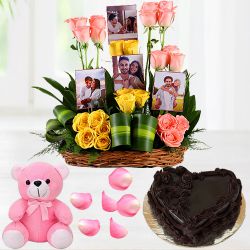 Impressive Roses N Personalized Photo Basket with Love Cake n Cute Teddy to Nipani