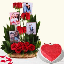 Hearty Red Velvet Cake with Roses and Personalized Photo Basket to Punalur