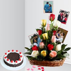 Lovely Gift of Mixed Roses N Personalized Photo Basket with Black Forest Cake to Alwaye