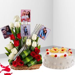 Classy Arrangement of Mixed Roses N Personalized Photos with Pineapple Cake to Irinjalakuda
