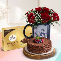 Lovely Roses in Personalized Photo Mug with Chocolate Cake n Ferrero Moments