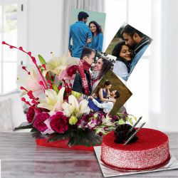 Splendid Personalized Picture n Mixed Flowers Basket with Red Velvet Cake to Marmagao